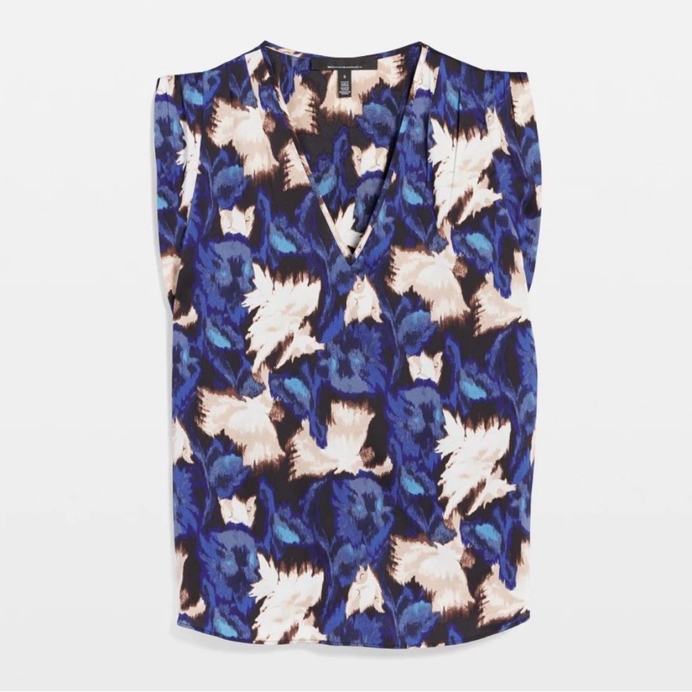 Floral V-Neck Sleeveless Top - Blue and White